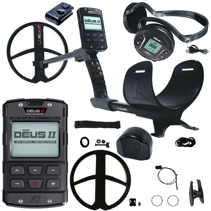 XP DEUS II wireless multi-frequency metal detector with remote control, WS6 headphones, and 11-inch FMF coil.