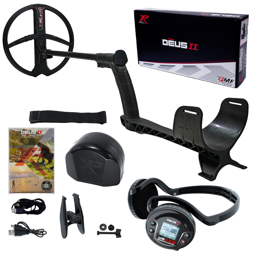 XP Deus II wireless multi-frequency metal detector with 11-inch coil, remote control, and WS6-ST headphones on white background