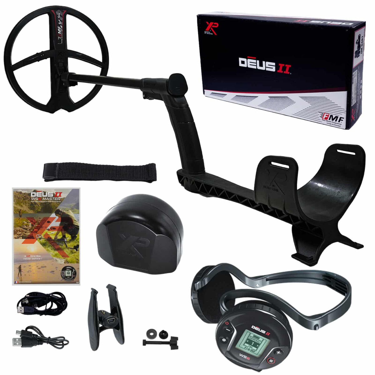 XP DEUS II WS6 Master wireless multi-frequency metal detector with 11-inch FMF coil and integrated WS6 headphones on white background