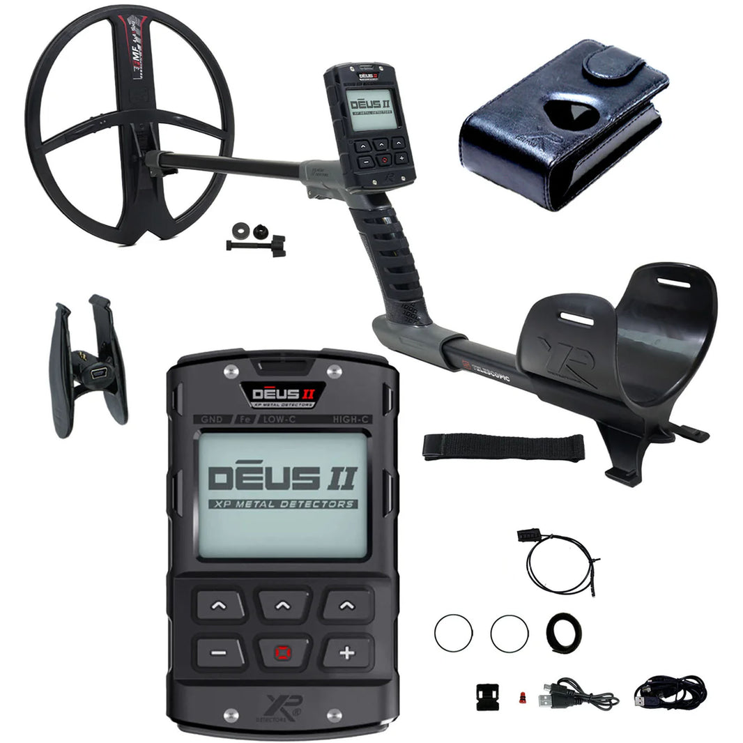 XP Deus II metal detector system with 13x11 coil, control box, wireless headphones, armrest, and instruction manual displayed