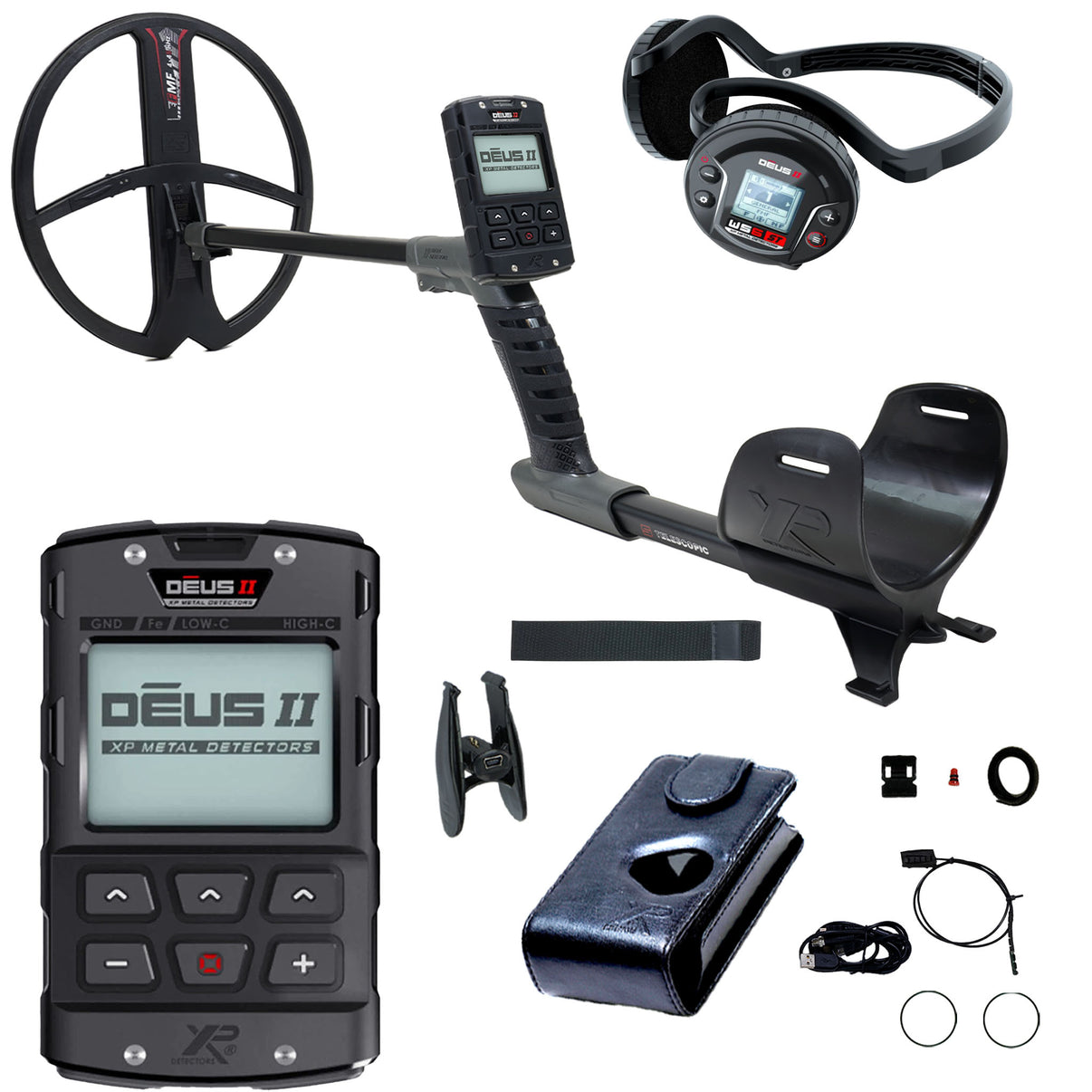 XP DEUS II Metal detector with WS6 Stereo, 13 inch coil, remote control, and accessories on a white background