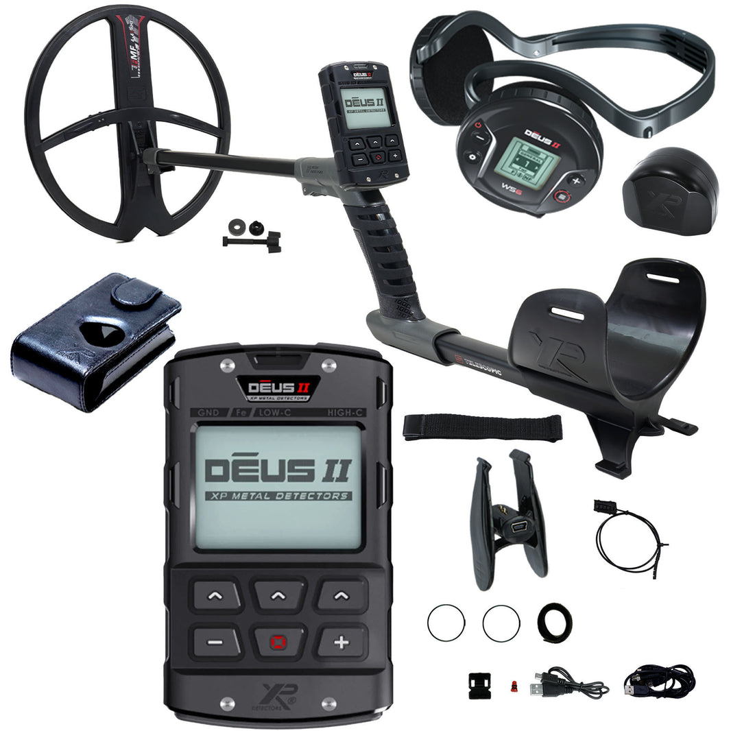 The XP DEUS II wireless metal detector with 13 x 11 elliptical coil, remote control, and WS6 headphones on white background.