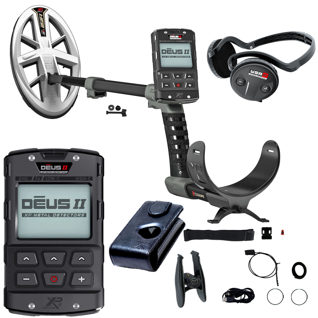 XP Deus II wireless multi-frequency metal detector with 9.5-inch by 5-inch elliptical coil, remote control, and WSA ST headphones on white background