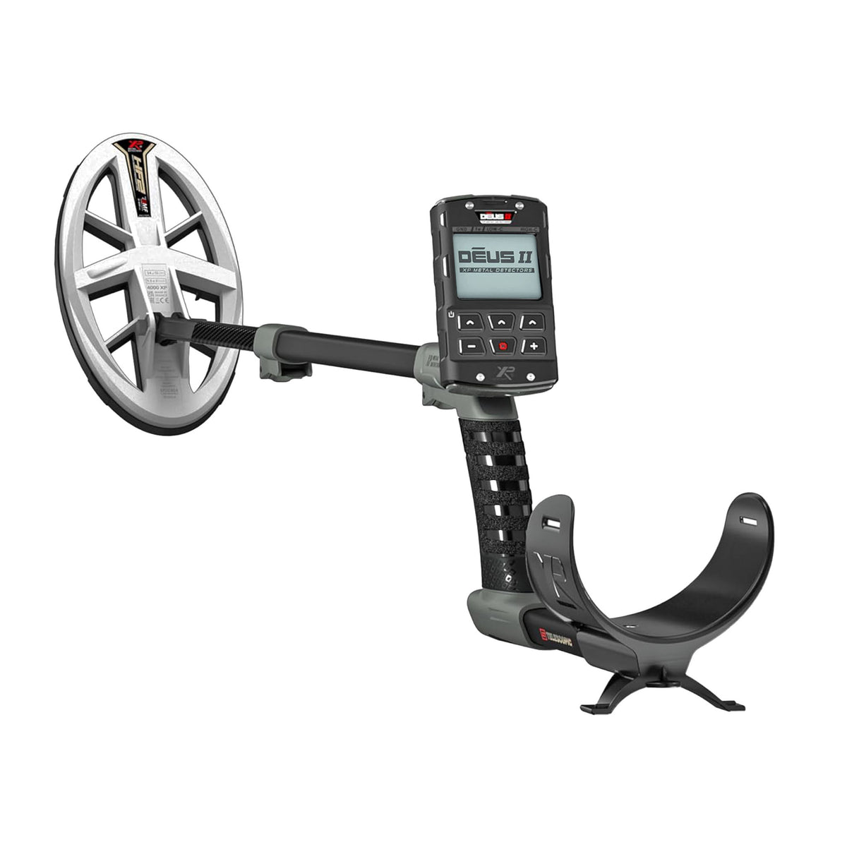 The XP DEUS II Fast Multi Frequency Metal Detector shown fully assembled and ready for detecting