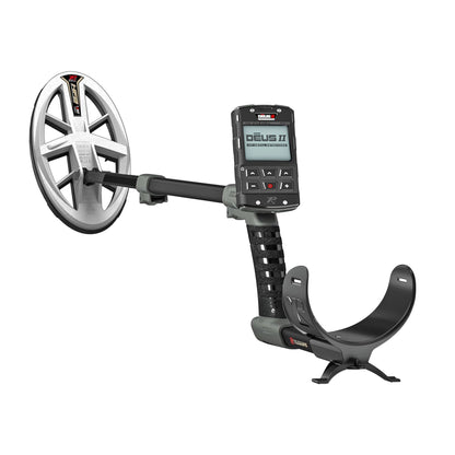 The XP DEUS II Fast Multi Frequency Metal Detector shown fully assembled and ready for detecting