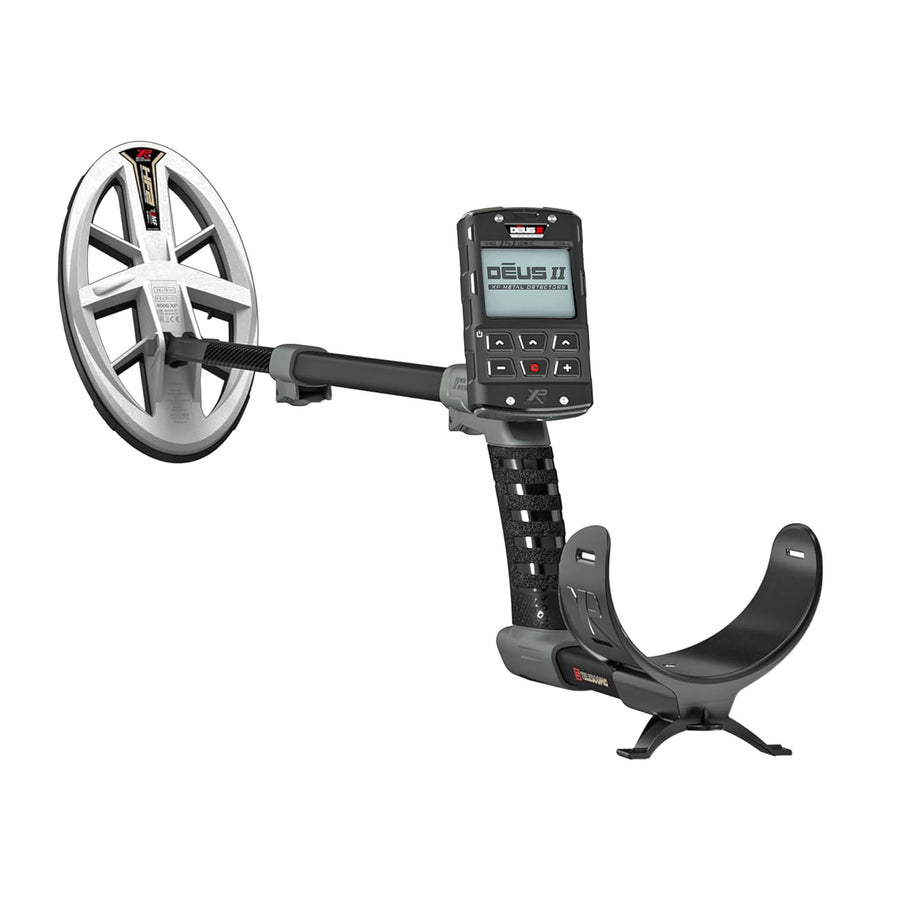 The XP DEUS II Fast Multi Frequency Metal Detector shown fully assembled and ready for detecting