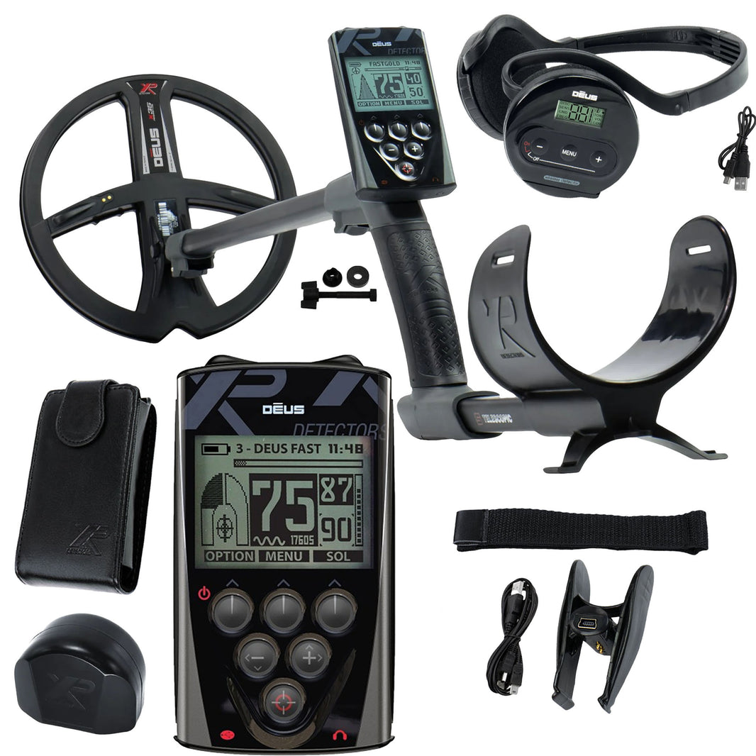 A black metal detector kit with a large coil, handheld controller, headphones, belt clip, battery, carrying case, and accessories, arranged on a white background. The main device shows the brand name 'DEUS'.