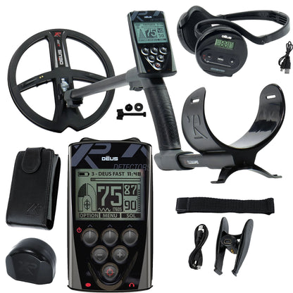 A black metal detector kit with a large coil, handheld controller, headphones, belt clip, battery, carrying case, and accessories, arranged on a white background. The main device shows the brand name 'DEUS'.