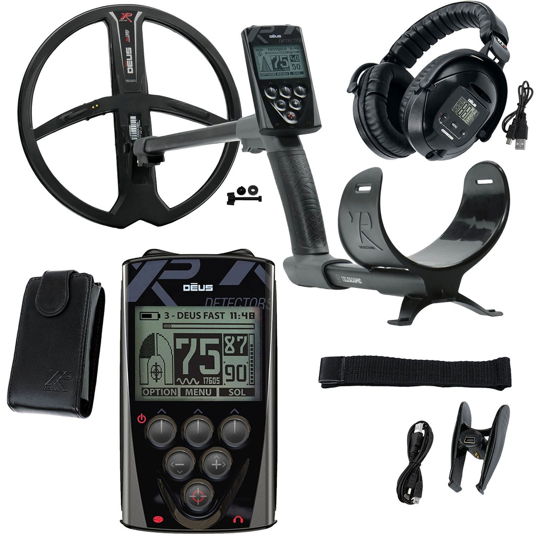 black XP DEUS metal detector with headphones, remote control box, case, charge cord, strap, and clip on white background