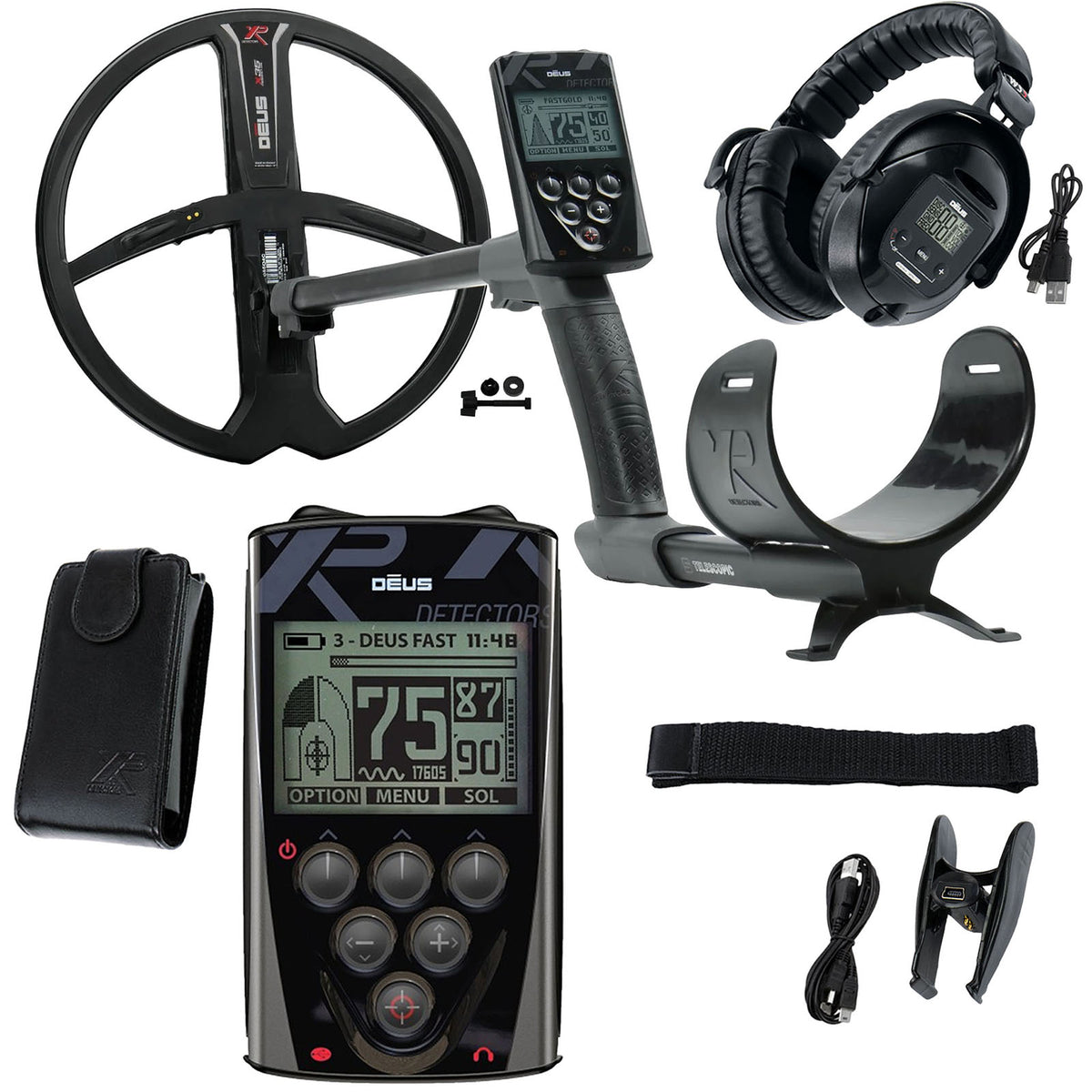 black XP DEUS metal detector with headphones, remote control box, case, charge cord, strap, and clip on white background