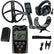 black XP DEUS metal detector with headphones, remote control box, case, charge cord, strap, and clip on white background