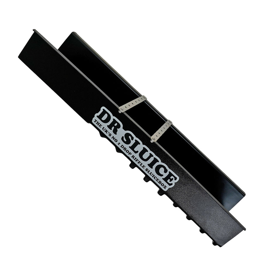 black sluice box with two 3mm thick stainless steel braces branded with "DR SLUICE' positioned sideways with a white background.