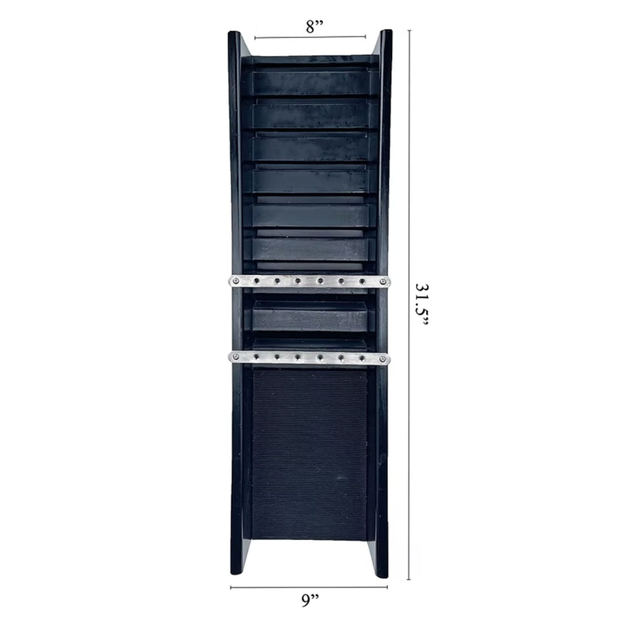 A tall black sluice box front-facing on a white background, with dimension labels indicating 8 inches wide at the top, 31.5 inches tall, and 9 inches at the bottom.