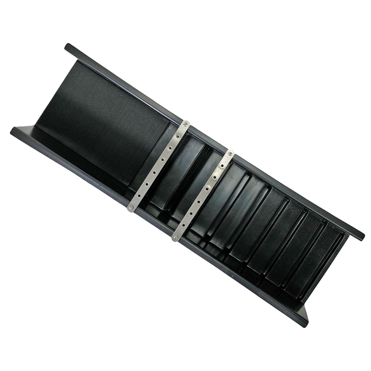 A black plastic sluice box with multiple vertical slots and two silver metal mounting brackets, shown on a plain white background.