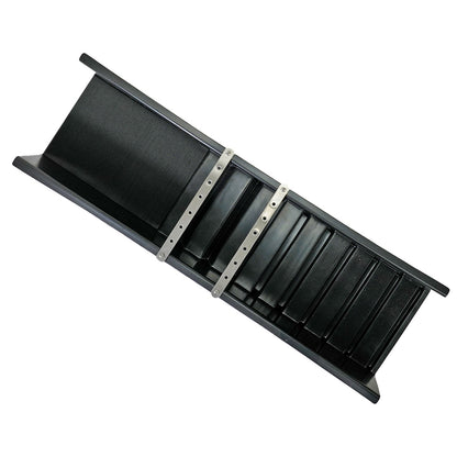 A black plastic sluice box with multiple vertical slots and two silver metal mounting brackets, shown on a plain white background.
