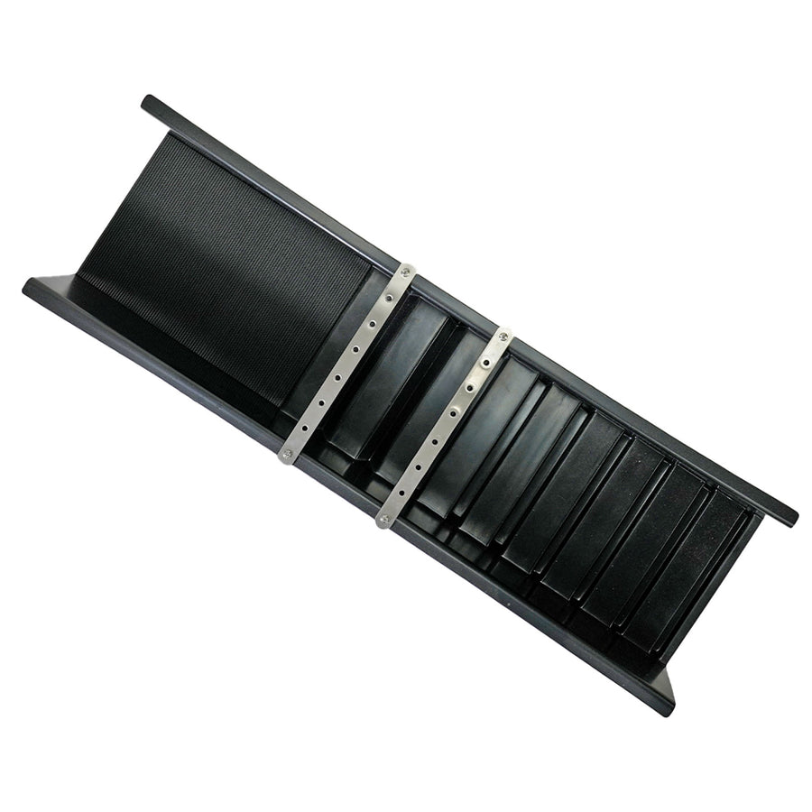 A black plastic sluice box with multiple vertical slots and two silver metal mounting brackets, shown on a plain white background.