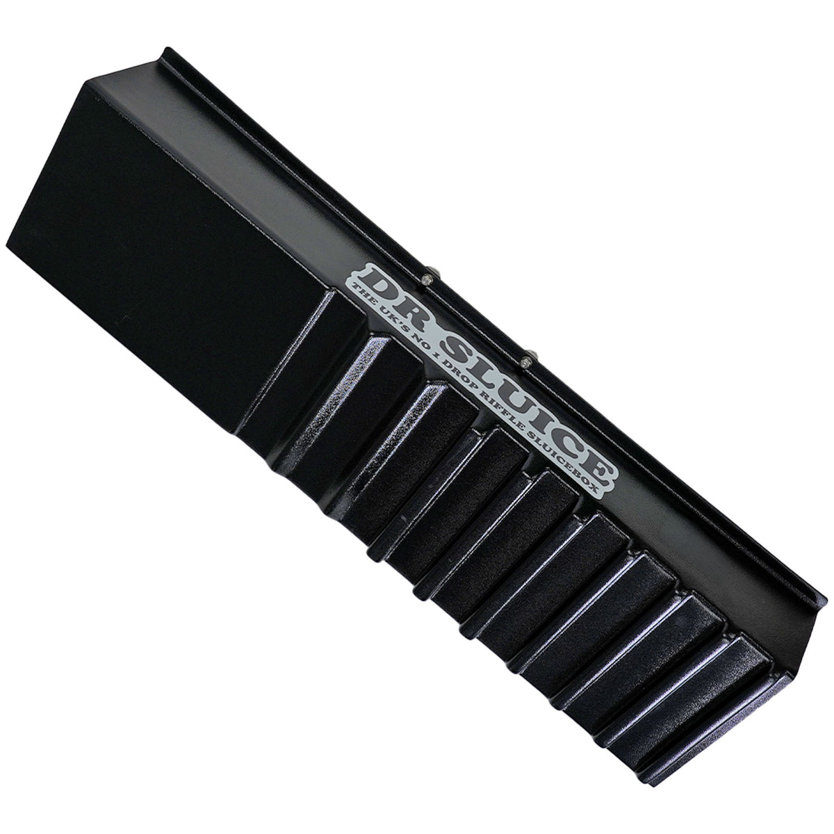 A black plastic sluice box with a ribbed, bottom surface and a silver 'DR. SLUICE' logo printed on the side, shown on a plain white background.