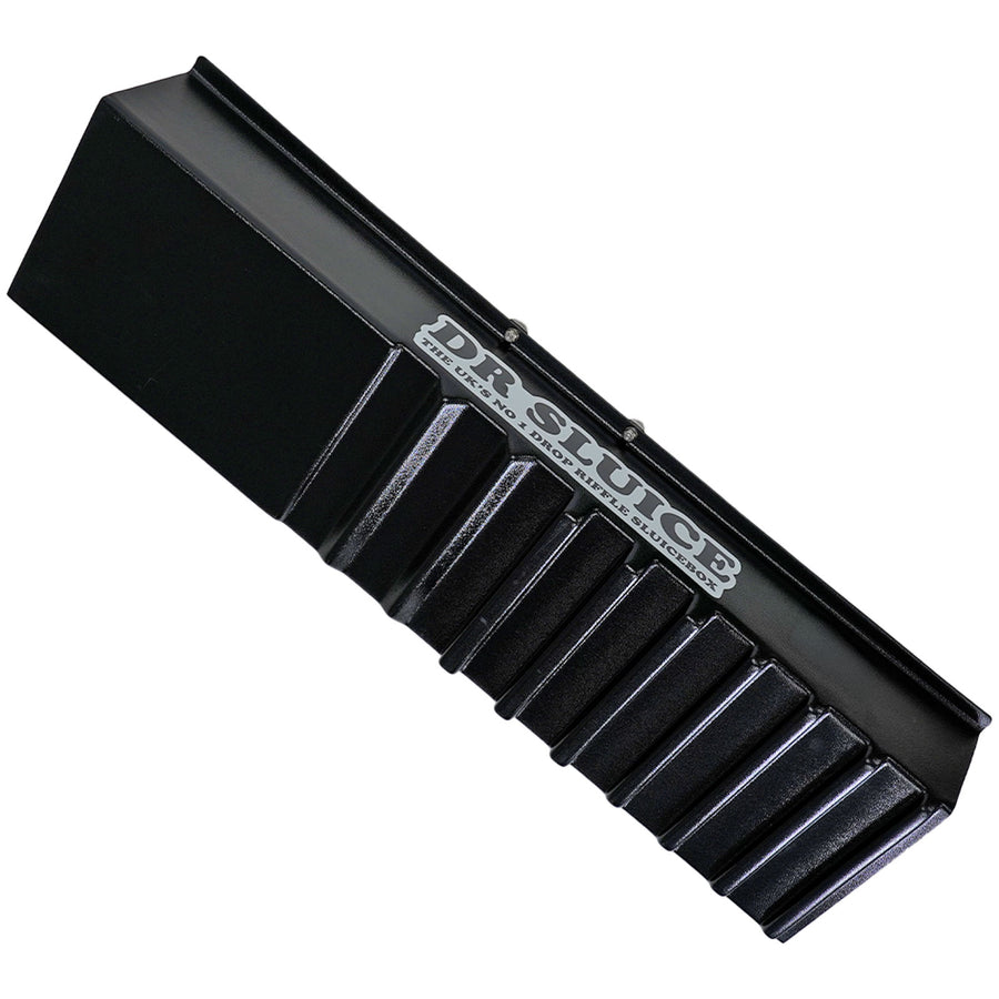 A black plastic sluice box with a ribbed, bottom surface and a silver 'DR. SLUICE' logo printed on the side, shown on a plain white background.