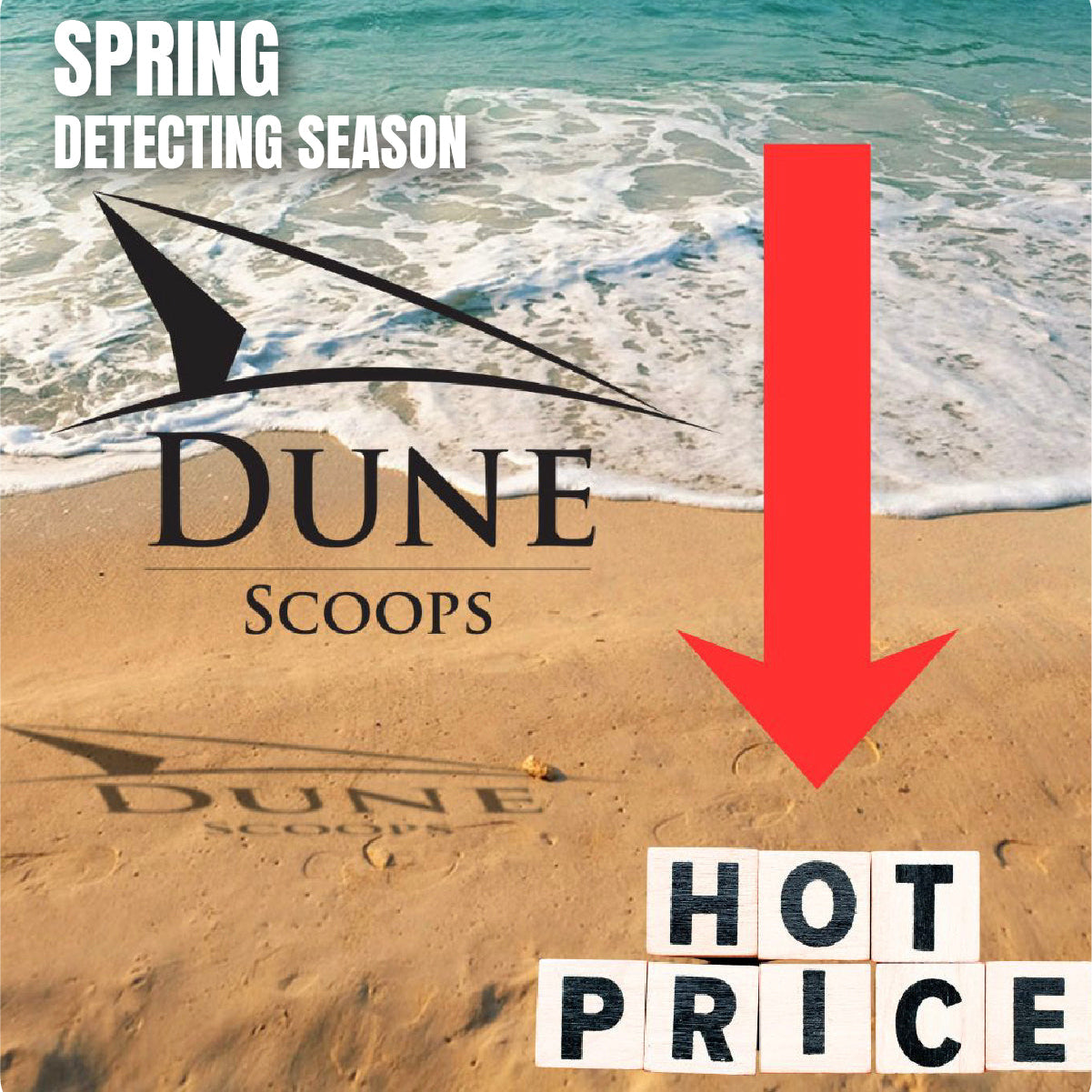Dune Scoops advertisement with beach scene, brand logo, and 'Hot Price' text.