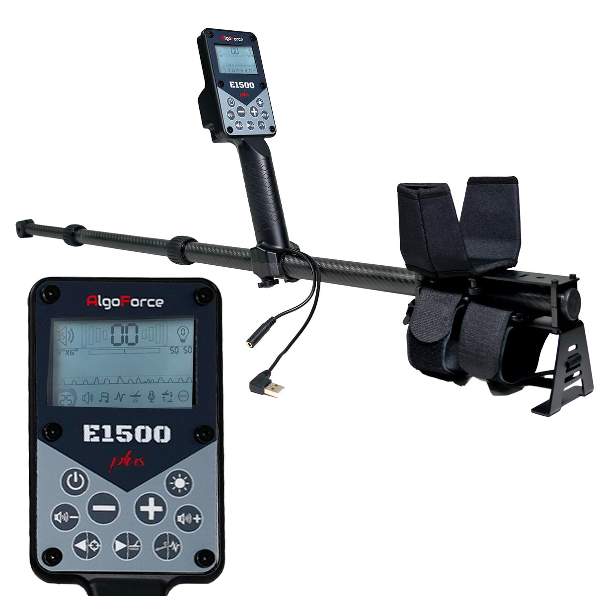 AlgoForce E1500 Plus pulse induction gold detector on white background