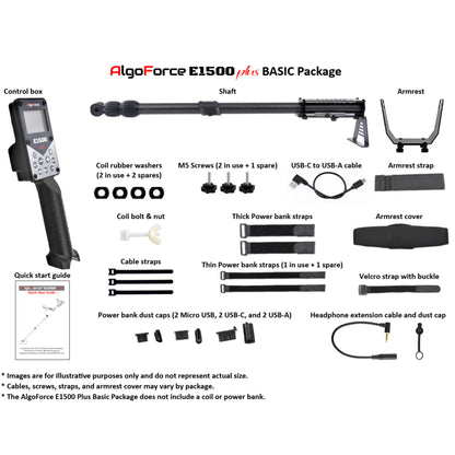 AlgoForce E1500 Plus box contents: control box, shaft, armrest, straps and USB cable