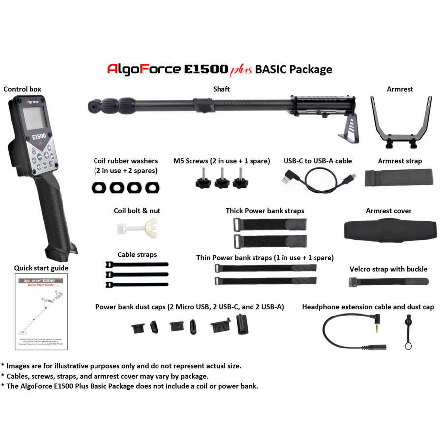AlgoForce E1500 Plus box contents: control box, shaft, armrest, straps and USB cable