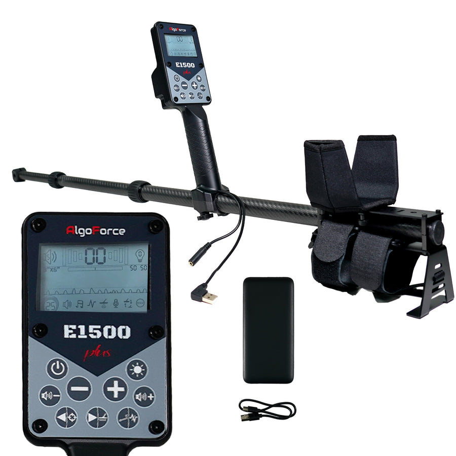 AlgoForce E1500 Plus High-Precision Gold Detector, a metal detector with a digital display and a carbon fiber shaft, equipped with a black handle and various straps for accessories.