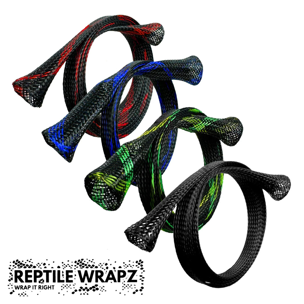 Reptile Wrapz coil sleeves in four colors - red, blue, green, and black wire protection