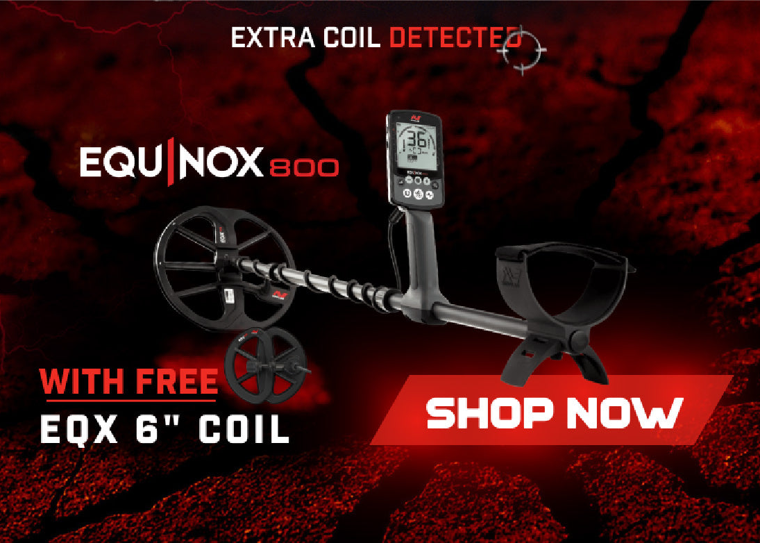 Metal detector with Equinox 800 branding on a red background