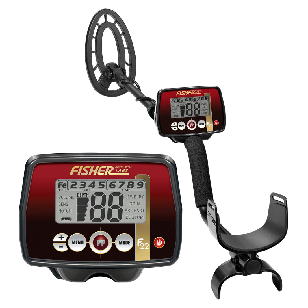 Fisher F22 weatherproof metal detector with red control box and 9-inch waterproof concentric coil on white background