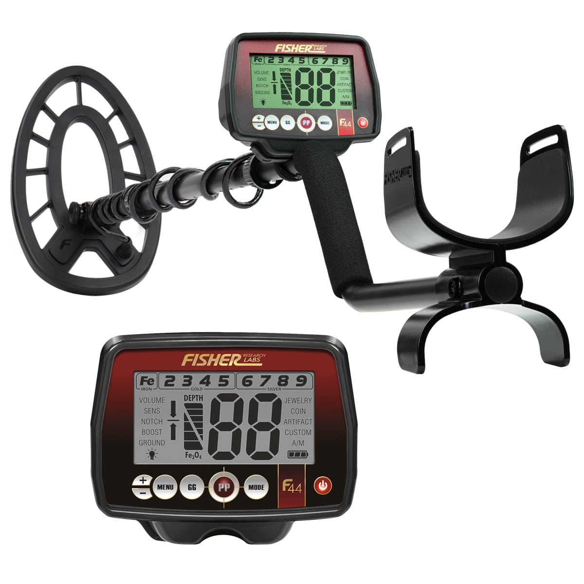 Fisher F44 metal detector with red control box and 11-inch elliptical waterproof coil on white background