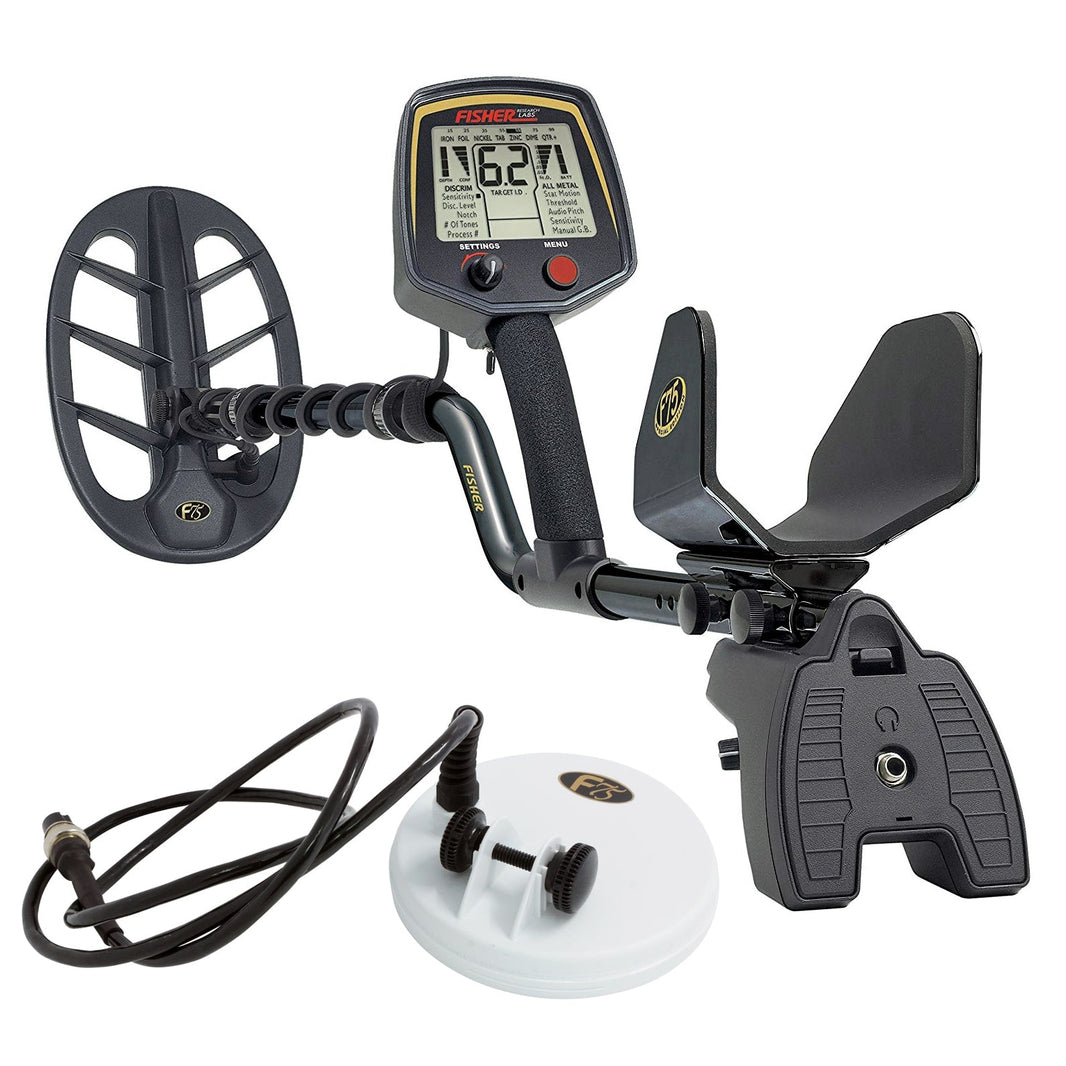 Fisher F75 LTD black metal detector kit with 11 inch DD coil, 5 inch coil, and coil cover