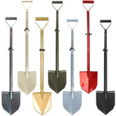 Motley Field Fox adjustable metal detecting shovels displayed in multiple color options including green, red, gold, and beige