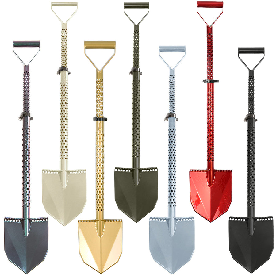 Motley Field Fox adjustable metal detecting shovels displayed in multiple color options including green, red, gold, and beige