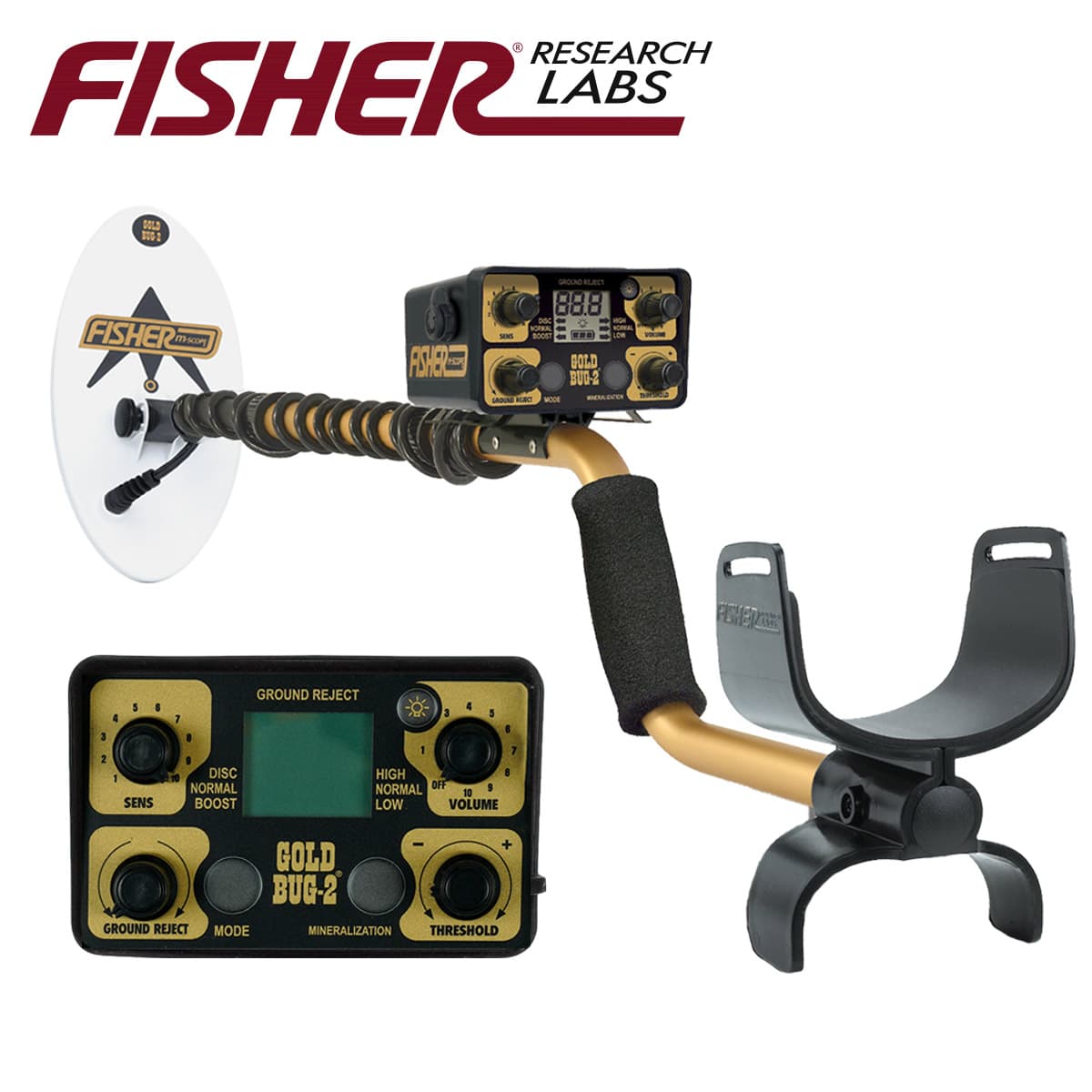 The Gold Bug 2 metal detector is shown fully assembled with 10 inch search coil and the Fisher logo, plus an inset of the control pod. 