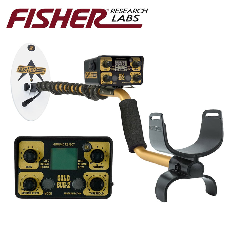 The Gold Bug 2 metal detector is shown fully assembled with 10 inch search coil and the Fisher logo, plus an inset of the control pod. 