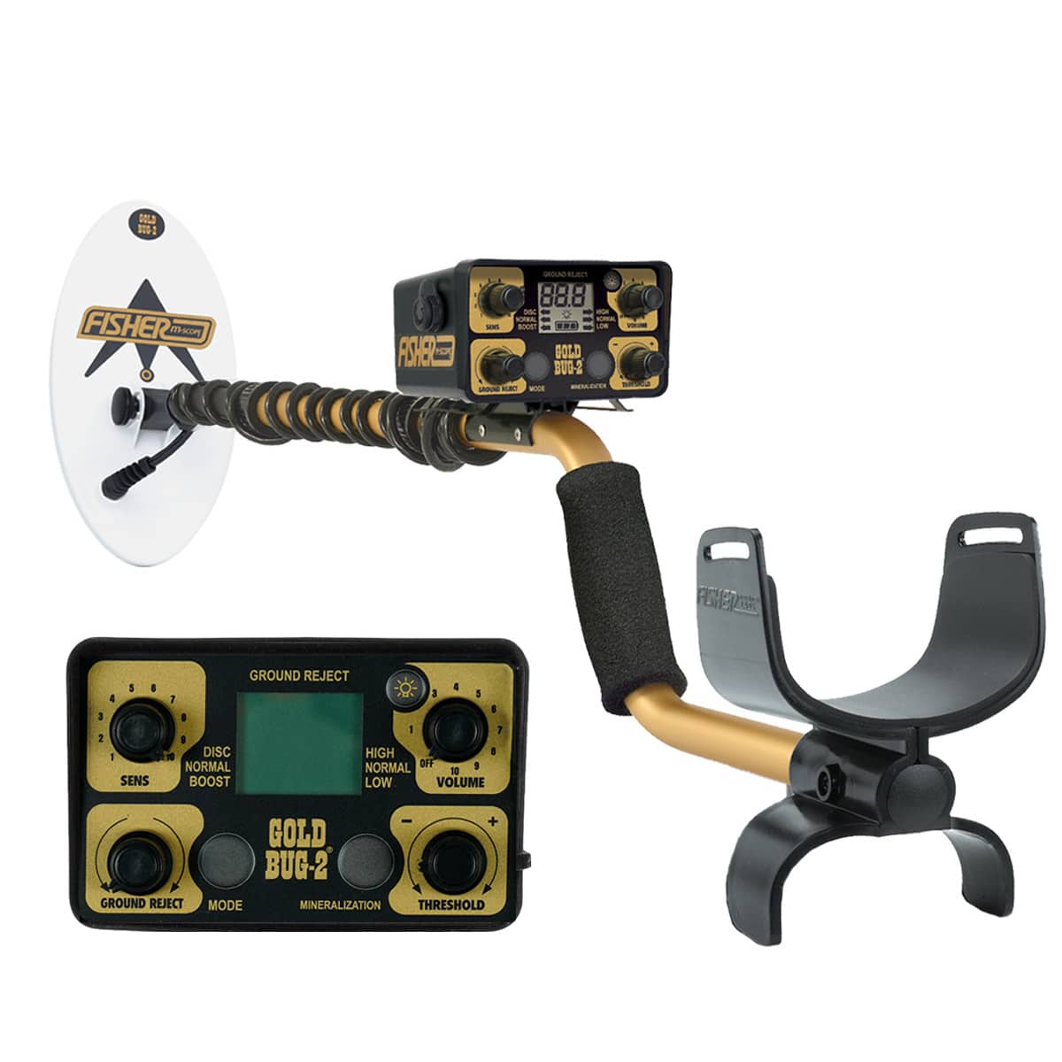 The Gold Bug 2 metal detector is shown fully assembled with 10 inch search coil, plus an inset of the control pod. 