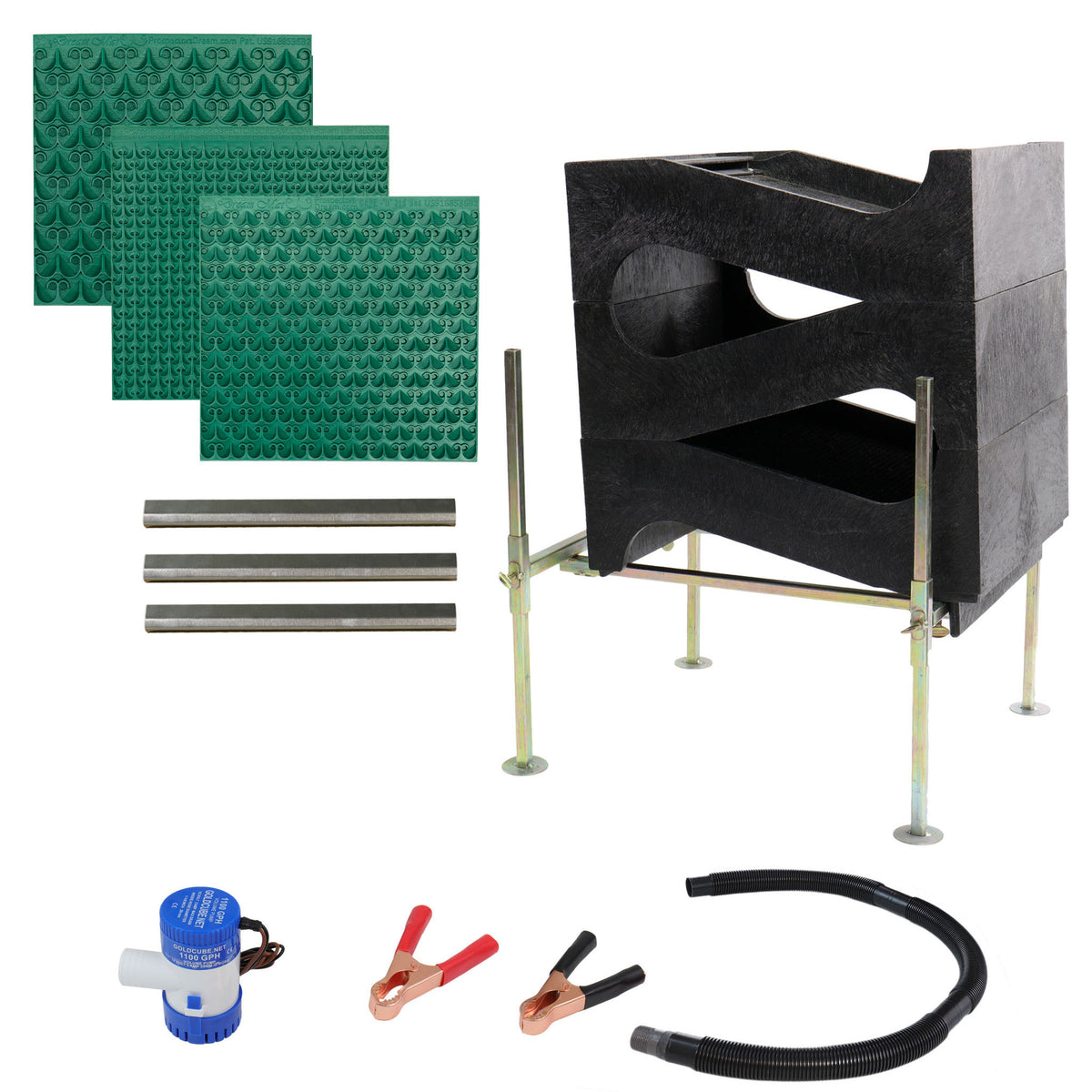 An overview of the Gold Cube 3 Stack Deluxe Complete Kit, with insets of the separator trays, frame, three dream mats, pump and other accessories
