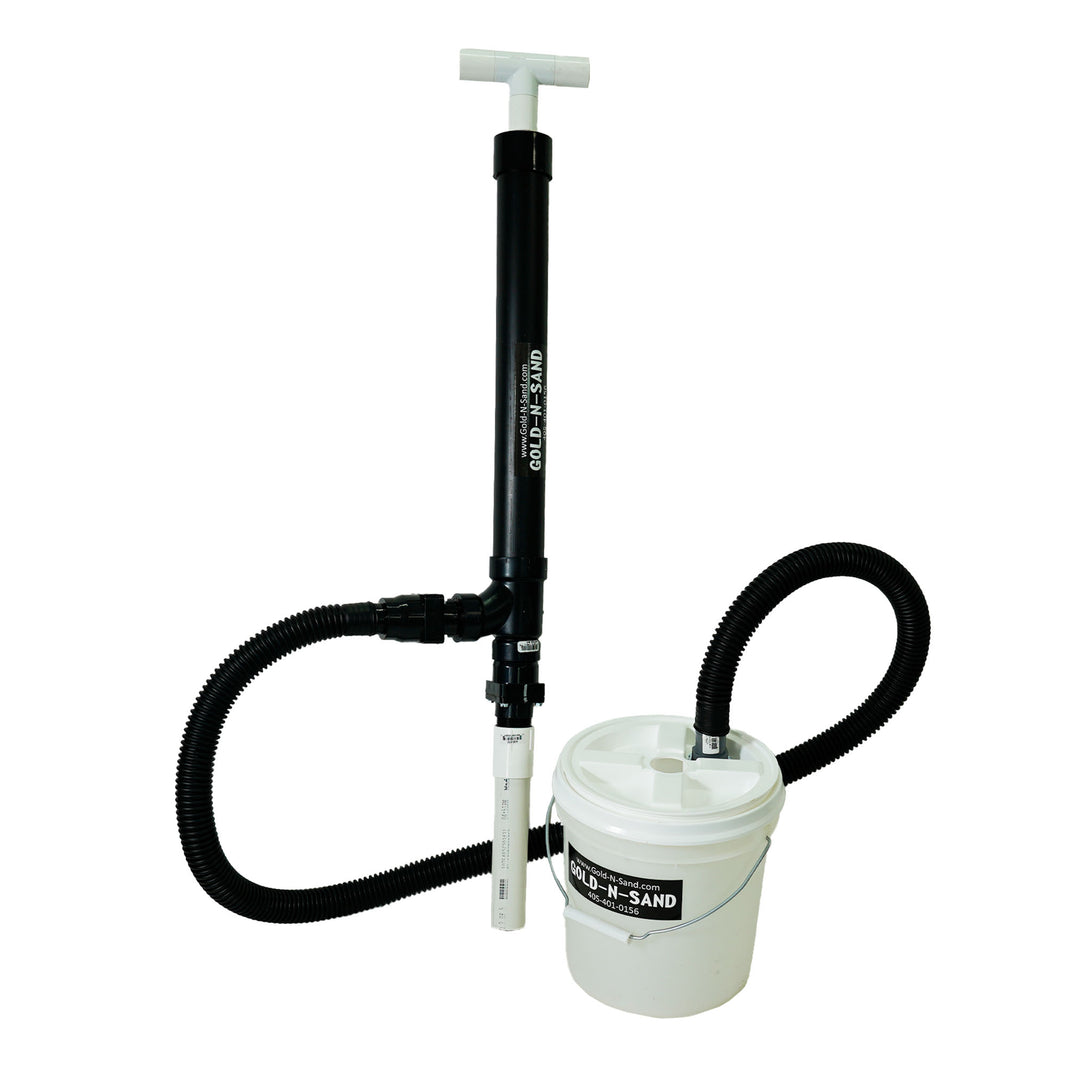 Gold-N-Sand X-Stream Hybrid Pro hand dredge assembled with hose looped to the Quick View bucket.