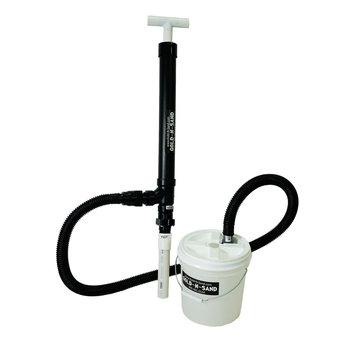 Gold-N-Sand X-Stream Hybrid Pro hand dredge assembled with hose looped to the Quick View bucket.