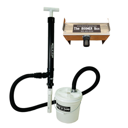 The Gold-N-Sand X-Stream Hybrid Pro hand dredge is shown fully assembled next to the 10-inch Boomer Box, against a white background