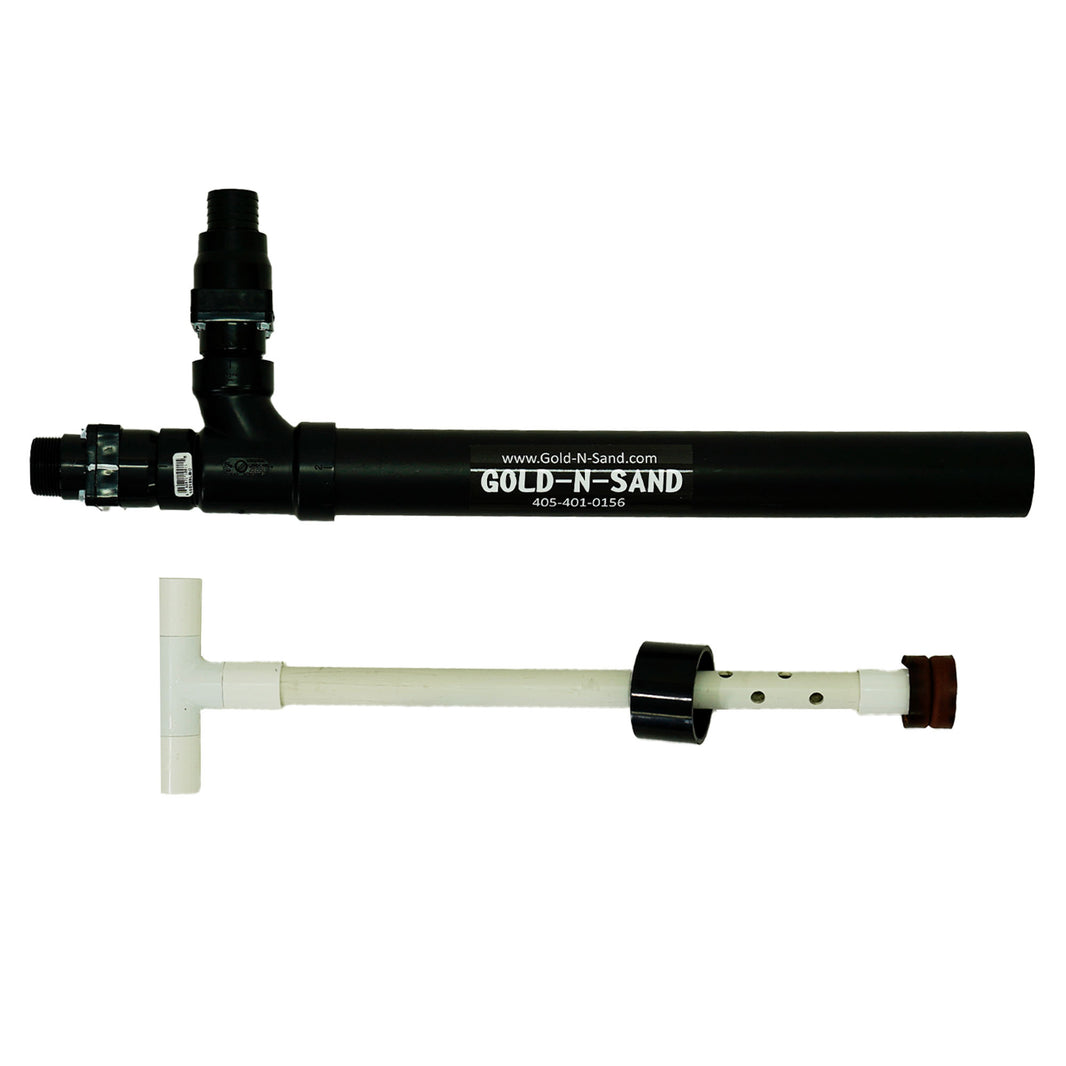 Gold-N-Sand X-Stream Hybrid Pro pump body with valve fitting and plunger rod laid side by side.
