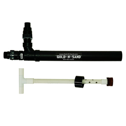 Gold-N-Sand X-Stream Hybrid Pro pump body with valve fitting and plunger rod laid side by side.