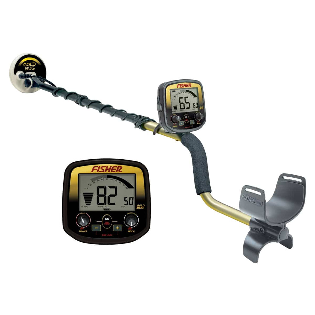 The Fisher Gold Bug metal detector is shown fully assembled with an inset of the control pod, against a white background.