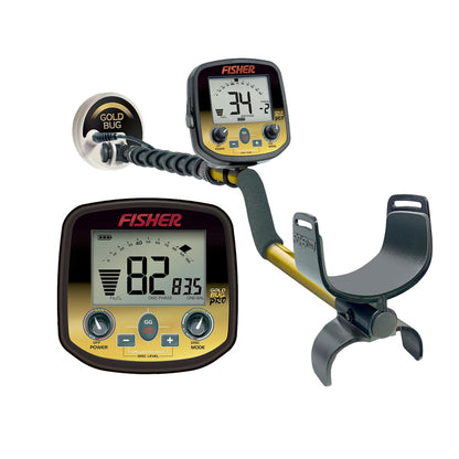 The Fisher Gold Bug Pro metal detector shown fully assembled against a white backdrop, along with an inset of the control pod. 