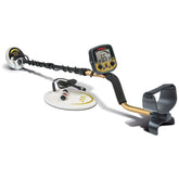 Fisher Gold Bug Pro metal detector with 5 inch and 10 inch search coils for gold prospecting from left side on a white background