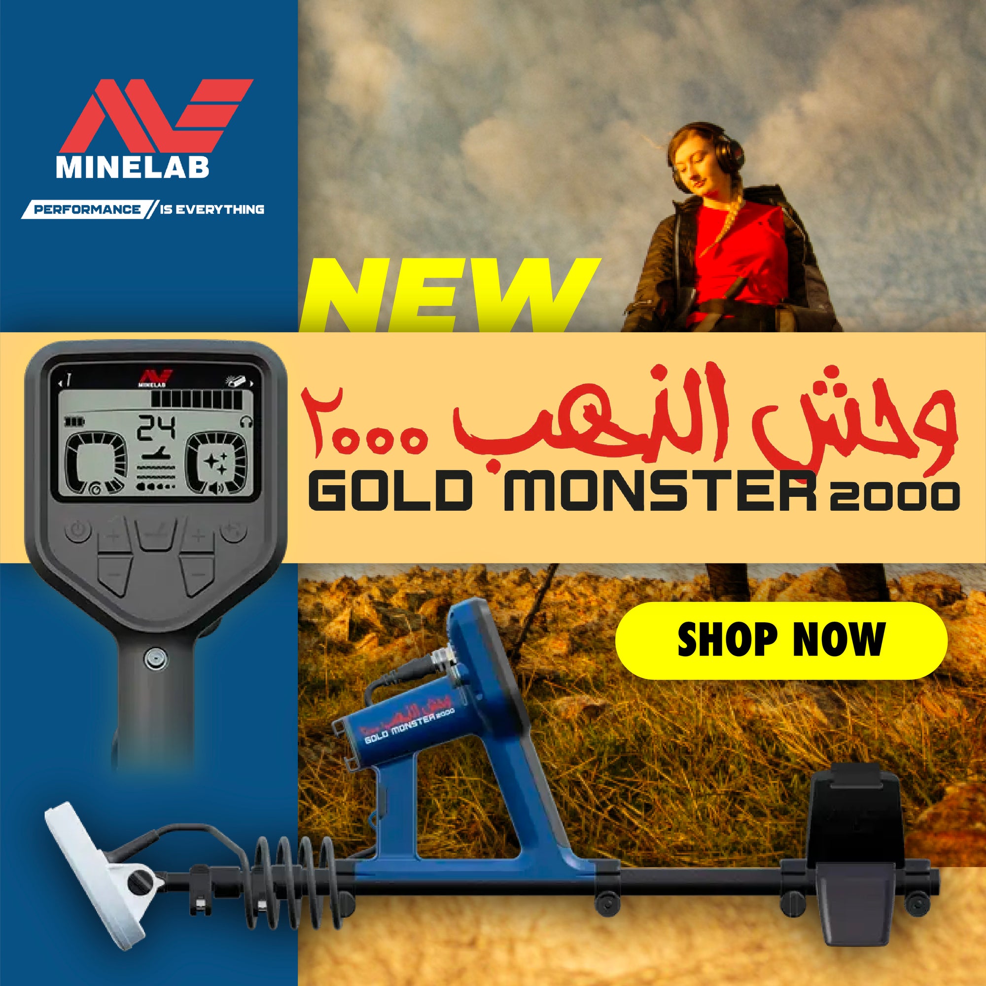 Advertisement for Minelab Gold Monster 2000 metal detector with a person in the background.