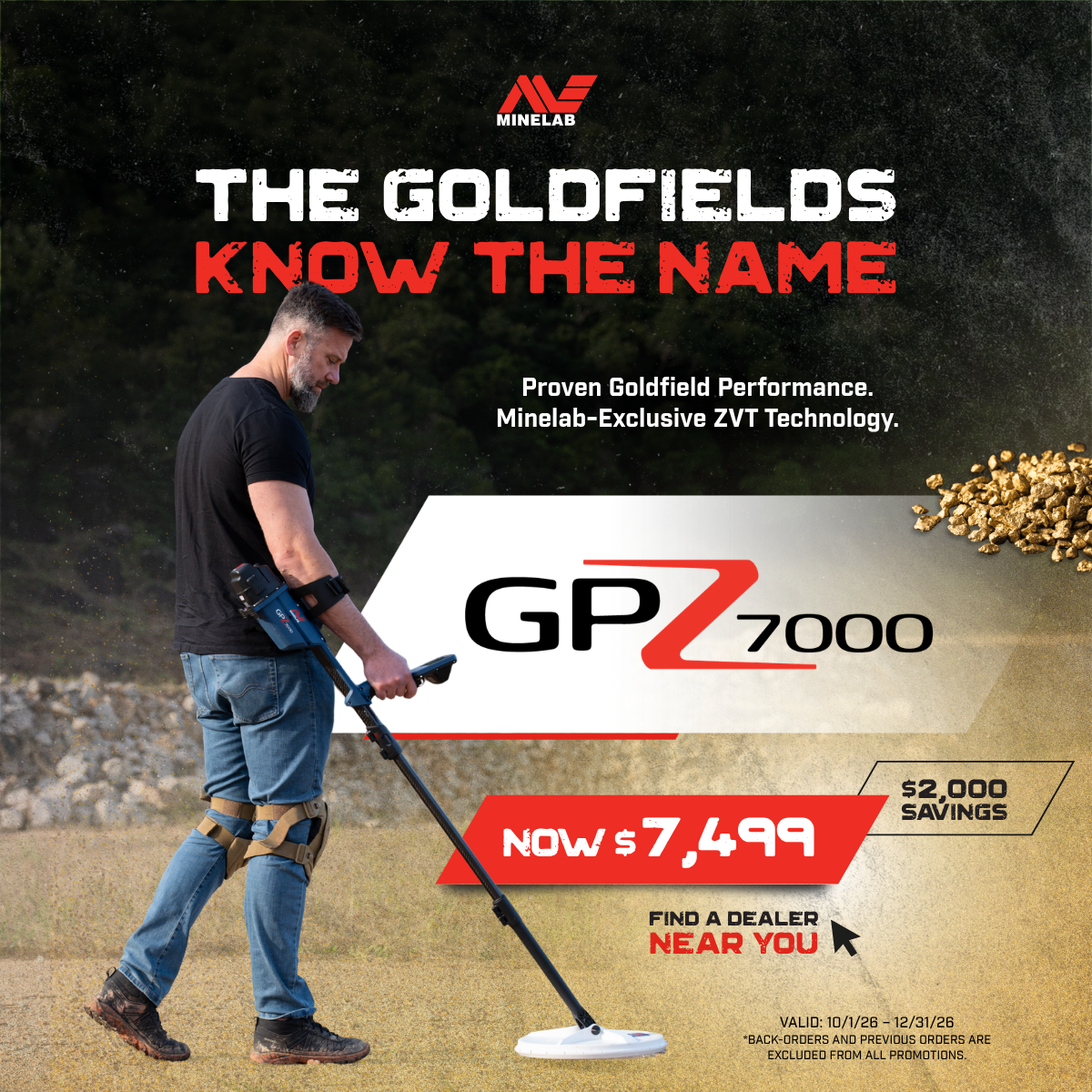 A promotional ad for the Minelab GPZ 7000 metal detector. It features a man walking in a dirt field while using the device, with a large graphic overlay displaying the product name, model number, price, and Minelab branding.