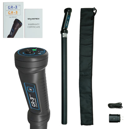 GR-3 metal detector with packaging, warranty certificate, carrying case, and charger on a white background
