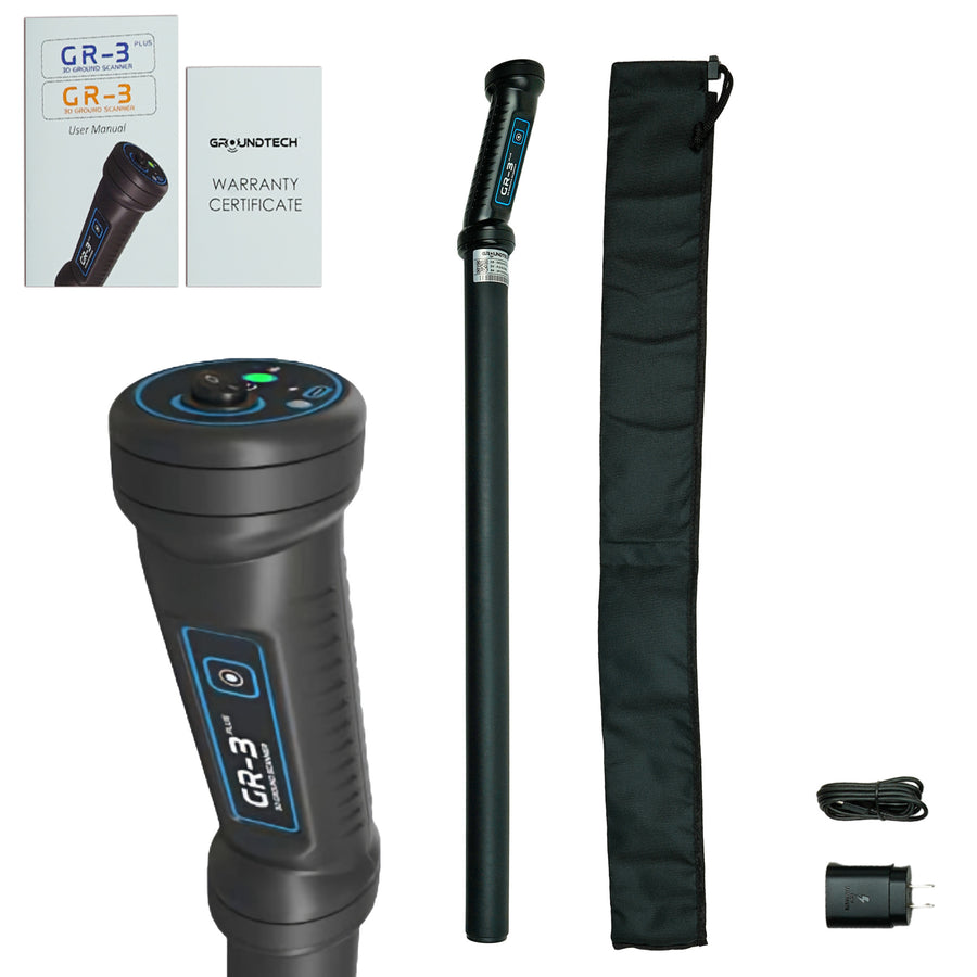GR-3 metal detector with packaging, warranty certificate, carrying case, and charger on a white background